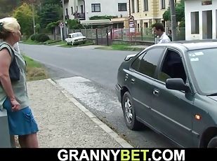 Hitchhiking old granny and boy fucking outside