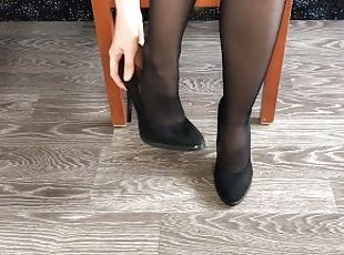 Student girl in black nylon show shoes and stinky foot mistress stockings