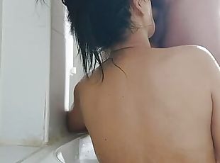 asiatisk, bading, doggy, hårete, pussy, squirt, eldre, cumshot, milf, creampie