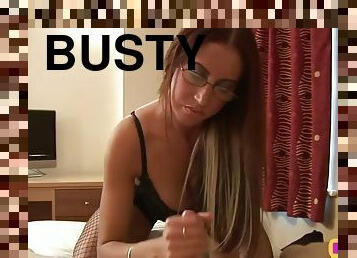 Busty domina in lingerie jerks off lovers cock in hotel room CFNM