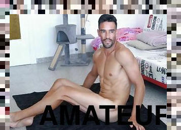 Hot fitness man doing naked yoga routine