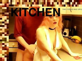 Redhead big tits babe gets fuck in the kitchen