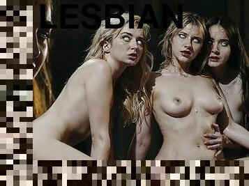 orgía, coño-pussy, lesbiana, pelirroja, besando, rubia, cuarteto, húmedo, salvaje