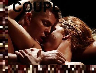 Hot passionate couple enjoy steamy erotic wet sex
