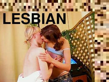Two gorgeous teens reveal their lesbian side on a restaurant