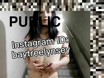 Naked tgirl on public staircase, flirtatious and rowdy courtship