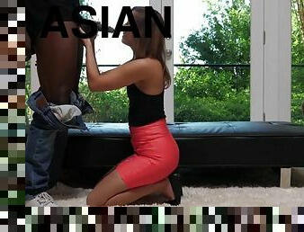 Asian girl rides bbc until he cums inside of her
