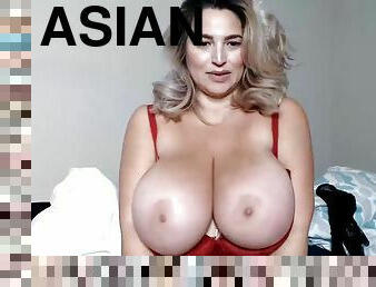 asiatique, gros-nichons, blonde, lingerie, webcam, seins