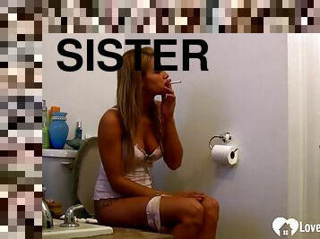 Stepsister caught smoking while taking a piss
