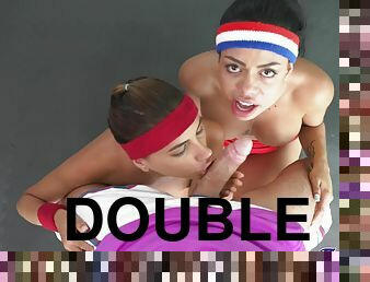 Bisexual chicks give dude double blowjob on fitness ball