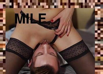 milf, creampie, svart, strømper-stockings