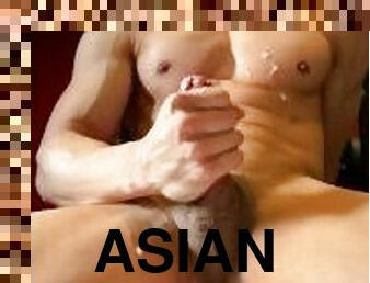 asiático, grande, amador, tiro-ao-alvo, gay, ejaculação, sozinho, musculado