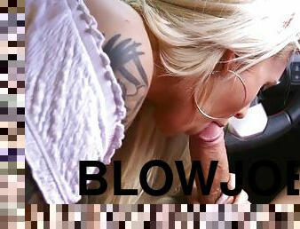 Blonde bombshell alicia amira gives blowjob in a car