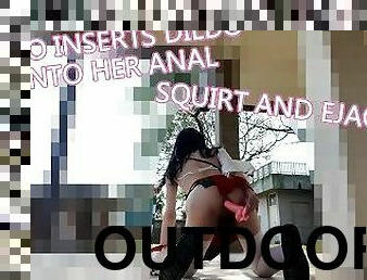 asiático, masturbación, al-aire-libre, público, squirting, amateur, anal, japonés, medias, mona