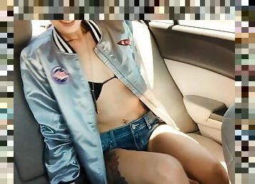 Frisky blonde teen makes a boring ride interesting by masturbating
