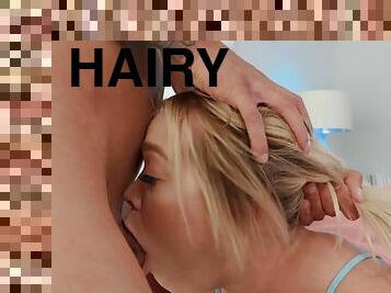 Deep-throater Katie has a hairy pussy hidden under her panties