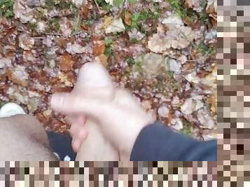 Teenboy peeing in the Woods and stroking his huge Cock