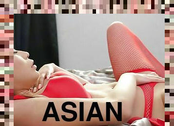 asiatique, levrette, babes, ejaculation-sur-le-corps, ados, jouet, lingerie, résille, douce, chevauchement