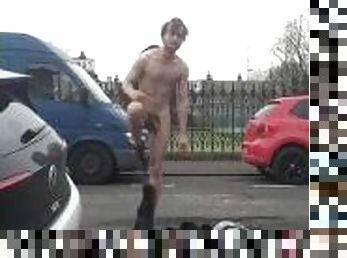 Casually stripping in public street and wanking