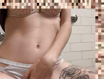Peeing panties in public bathroom and sucking pee from thong