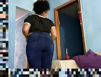 ebony, latina, svart, bbw, lubben, frekk, alene, jeans