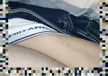 Stepson, stepmoms hand slides under his jeans and touches his cock.