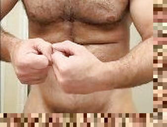 Hairy muscle bear flexing and stroking before shower