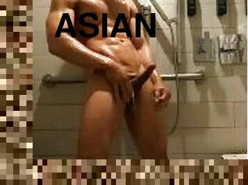 asiático, banhos, amador, gay, chuveiro, sozinho, musculado