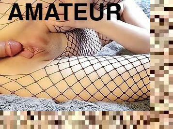 Fishnet stockings closeup dildo fucking