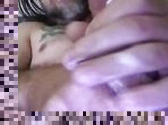 Sloppy two handed jerk, fingering, cock slap for the release