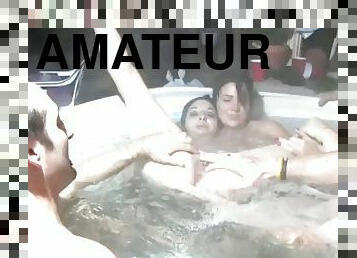 Slut sucks college cock in hot tub orgy