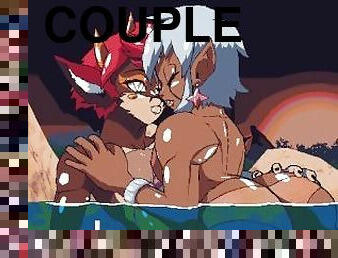 asiatique, en-plein-air, gay, couple, anime, piscine, bout-a-bout, petit-ami, minet