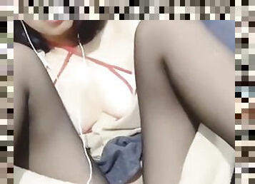 asiatique, masturbation, amateur, japonais, webcam, fétiche, solo, en-nylon, taquinerie