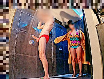 MIXED RESTROOM ADVENTURE: dickflash and exhibitionism for two sluts at swimming pool restroom