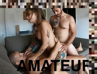 chatte-pussy, amateur, anal, ejaculation-sur-le-corps, trio, double, blonde, trou-du-cul, pénétrante