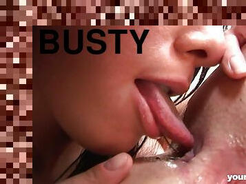 Busty and Horny - Busty brunette with lesbian rimjob and hardcore sex