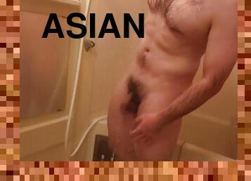 asiatisk, bad, pissande, gigantisk-kuk, gay, japansk, fetisch, dusch, ensam, björn