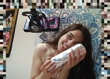 naked pinkmoonlust eats a mexican food burrito her favorite food fetish feeder feederism chubby