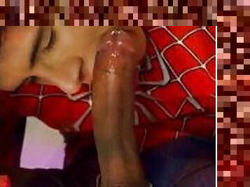 Spider-Man is alone in a new universe and can't resist sucking his own cock ...much cum