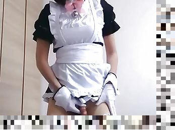 Cosplay in French maid uniform jerks off and has fun with cumshot