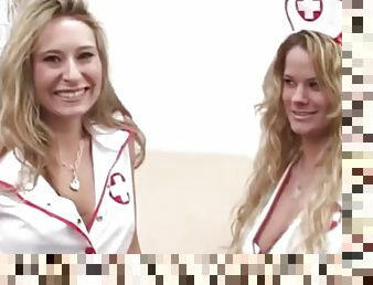 Two Busty Blonde Nurses in Uniform Give a Guy the Best Blowjob of His Life