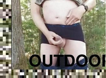 Naked exhibitionist outdoors in public forest jerking off cumshot