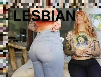 lesbisk, snæver, fetish, cowboybukser, ansigtssidning, femidom