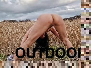 Nude on neighbours field and pissing