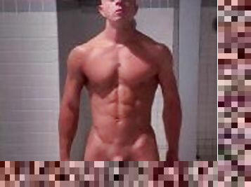 White smooth muscle GymBoyVancouver is jerking his big uncut dick at gym’s showers. Follow JFF.