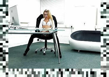 Blonde office babe and her boss have a fuck session