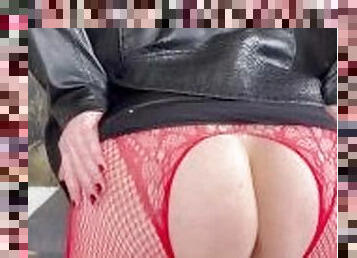 Filthy Mature Stepmom  dressed to go out in Leather and Crotchless body stocking