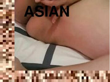 asiatisk, onani, orgasme, amatør, milf, leke, mann, alene, barbert, nærbilde
