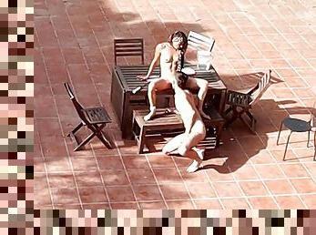 Couple playing and fucking in the yard, outdoors