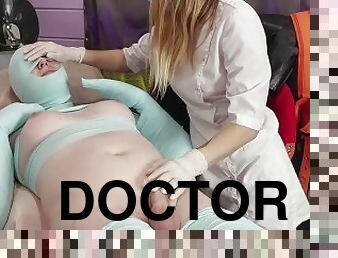 Dominant nurse bondage TGirl patient with elastic bandages. Medical fetish restraining and exam.